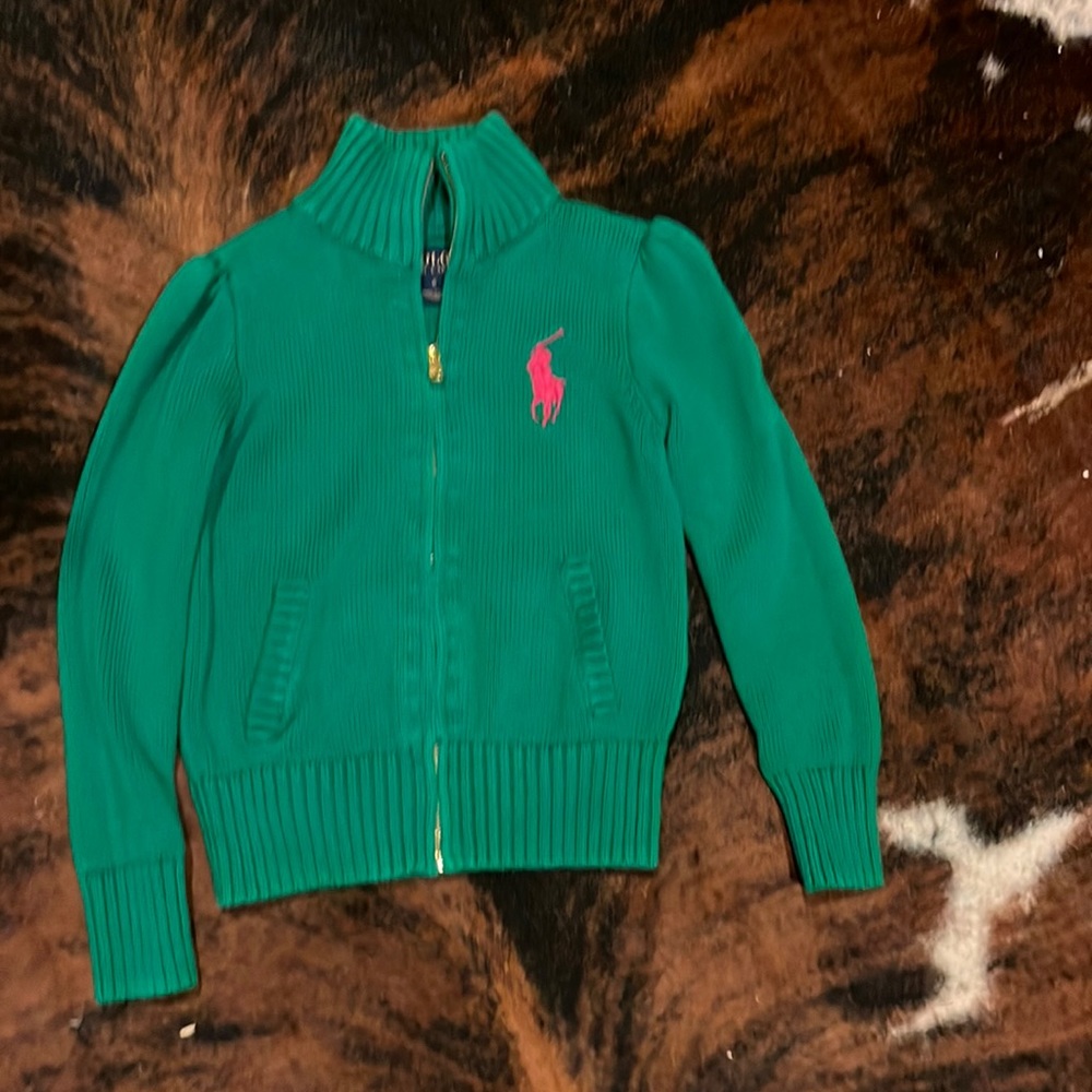 Green polo full zip sweater